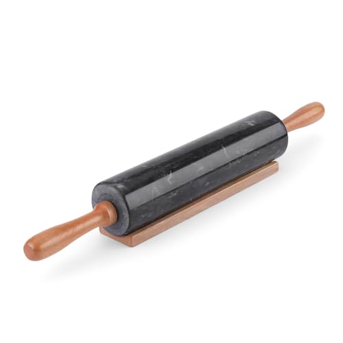 Image of Flexzion Black Marble Rolling Pin, 10-inch with Wooden Handle and Holder Base Stand, Marble Rolling Pin for Baking Pastry Pizza Dough Roller Fondant Cookie Pie Crust Pasta Bakery Roller Pin