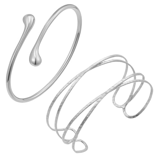 TenaLucy 2 Pièces Bracelet Manchette Femme bracelet de Bras au Design Ajouré Réglables Bangle Ensemble Ajustable （Argent）
