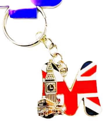 Tbenacci Unisex Silver London Souvenir Alphabet Keyring Union Jack Letter M With Big Ben, Red Bus And Black Taxi - Initial Key Ring Charm (M)