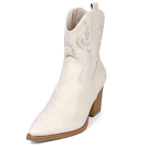 Women Ankle Cowboy Boots Western Cowgirl Boots Pointed Toe Booties Chunky Heel Embroidered Upper Zipper Pull on Ladies Short Boot