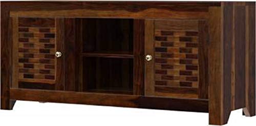 Image of Sheesham Wood Entertainment TV Unit Cabinet with 2 Door and 2 Shelf Storage for Home Living Room Solid Wooden Furniture for Hall & Office Decor - (Brown Finish)