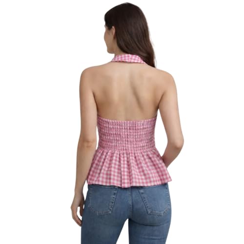Image of Muhib Women's Halter Neck Sleeveless Cotton Top | Black & White Gingham Check Twist Front Summer Top | Stylish Casual Crop Blouse for Women