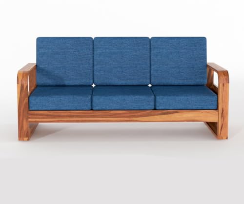 Image of Solid Sheesham Wooden 5 Seater Sofa Set for Living Room | Sofa Set with Side Pocket Storage & Cushion | Rosewood Sofa Set for Home (Honey with Blue Cushion, 5 Seater)