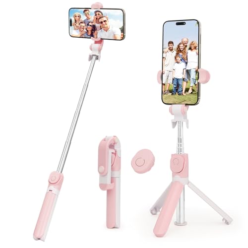 自撮り棒 スマホ 三脚 一脚兼用 bluetooth無線 360°回転 android＆iPhone対応 セルカ棒 コンパクト 軽量 携帯便利 リモコン付き 旅行 写真＆動画を撮る セルフィー (ピンク)