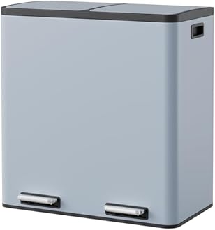 Arlopu Dual Trash Can, 2 x 8 Gallon (2 x 30 L) Hands-Free Trash and Recycle Bin Combo, Stainless Steel Kitchen Garbage Can with Soft-Close Lid, Removable Inner Buckets, Step Pedal, Airtight(Haze Blue)