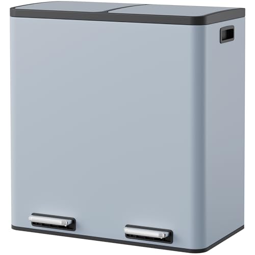 Arlopu Dual Trash Can, 2 x 8 Gallon (2 x 30 L) Hands-Free Trash and Recycle Bin Combo, Stainless Steel Kitchen Garbage Can with Soft-Close Lid, Removable Inner Buckets, Step Pedal, Airtight(Haze Blue)
