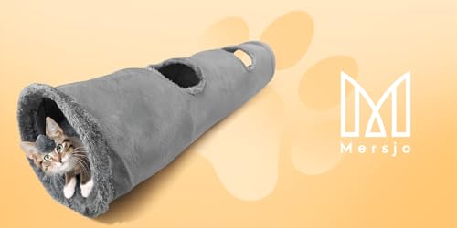 MERSJO Katzenspielzeug Tunnel, 120 x 25 cm, Plüsch-Katzentunnel mit Knistermaterial und Spielball, Grau