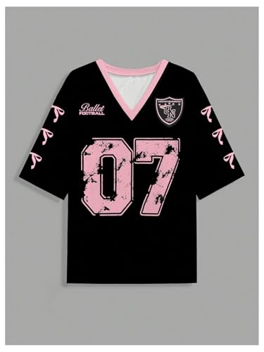 Image of RoseSeek Women's Jersey Shirts Number Graphic V Neck Football T Shirts Tops | 3 /4 Sleeve Length, Oversized, Mesh, Workout, Jersey Tops, Summer, Soccer, Baseball, Streetwear