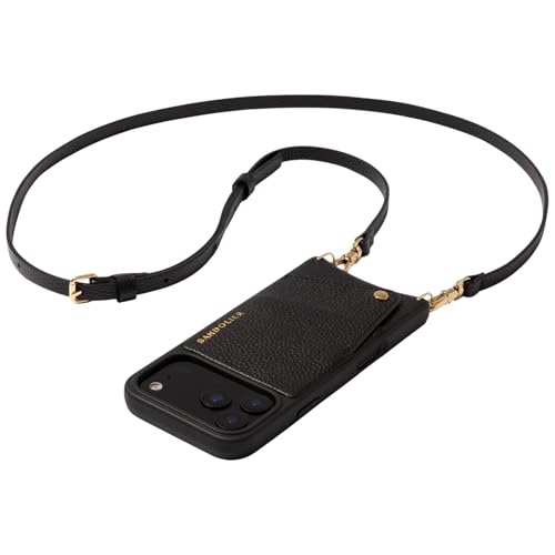 Bandolier Emma Crossbody Wallet Phone Case for iPhone 17 Pro Max. 100% Genuine Pebble Leather. Adjustable & Removable Crossbody Strap. Card Holder with Snap Closure. Black with Gold Hardware