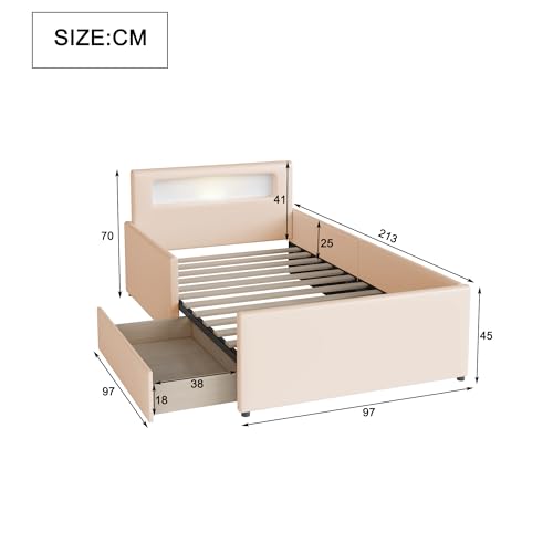 Modern Jugendbett 90x200 cm Polsterbett, Bett mit Lattenrost & Stauraum, Polster Kopfteil mit LED Nachtlicht & USB-Ladeanschluss, Kunstleder, Kinderbett für Jungen & Mädchen (Beige) – Bild 3