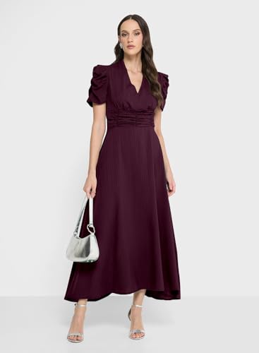 Image of Sugathari Women Women's V-Neck Maxi Dress, A-Line Style, Puff Sleeves, Cinched Waist 246