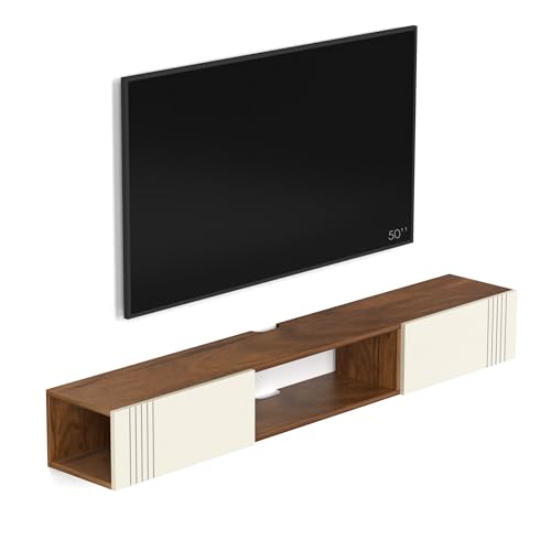 Image of Evara Engineering Wood Wall Mount TV Entertainment Unit Set Top Box Stand /TV Panel Cabinet Panel with Shelves for Books & Decor Display Unit, Handleless, 60 Inches (Classic Brown & White)