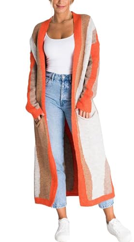 chouyatou Women's Fall Open Front Color Block Long Cardigan Sweater Coat Casual Vertical Striped Coatigan