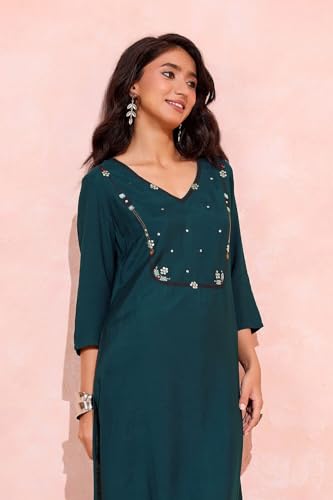 Image of Taneira Women Viscose Mukaish Blue Kurta for Women (KUAI83XBM-Blue-M)