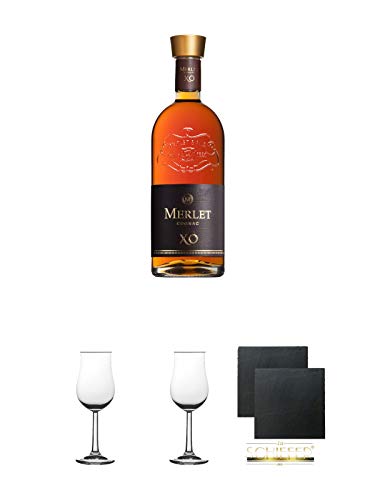 Merlet Cognac XO 0,7 Liter + 2 Bugatti Nosing Gläser mit Eichstrich 2cl und 4cl + 2 Schiefer...