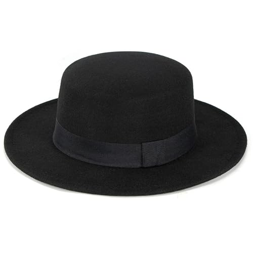 Wide-Brim-Felt-Panama-Fedora-Hat with Flat-Top-Pork-Pie Cap for Women Men (Size:M)