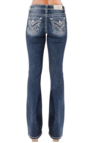 Miss Me Women's Sequined Cross Stitch Embellished Faux Flap Pockets Mid-Rise Bootcut Jeans