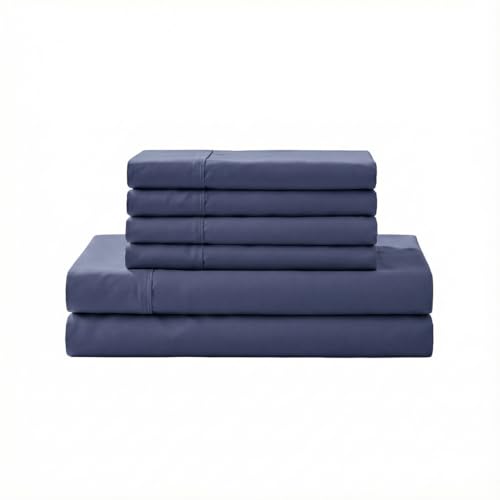 Image of Linen Home 6 Piece Cal King Cotton Sheet Set, 100% Cotton Percale, 4 Pillowcases, Deep Pocket with All Around Elastic Sheet, Crisp Breathable Bedding, Hotel Luxury, Dark Blue