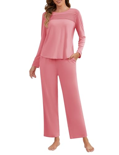 EWIGELIEBE Womens Pajama Sets 2 Piece Loungewear Pj Set with Pockets Comfy Lounge Sets Sleepwear Cotton Ladies Pleated Sleep Set Long Sleeve Pink XX-Large