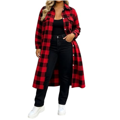 Flannel Shirts for Women Long Sleeve Long Plaid Tops Button Down Shacket (US, Alpha, Large, Regular, Regular, Wine) - image 6