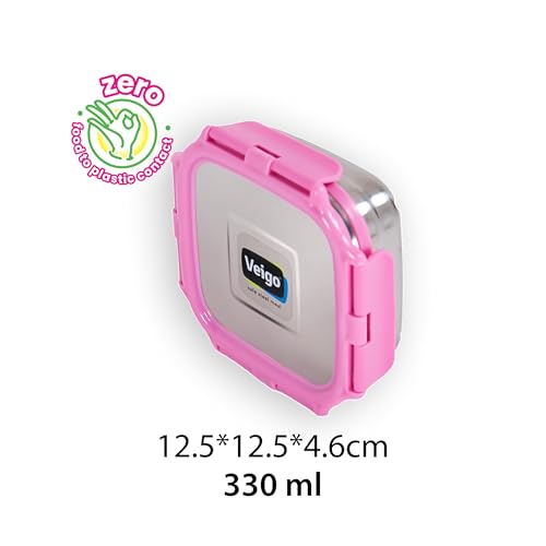 Image of Veigo Original Set Pack of 3 Stainless Steel Airtight & Leakproof Medium Lunch Box with Silicon Ring & Polymer Frame for Re-Heating|Safe Lid Lock|Square (330ML) Pink