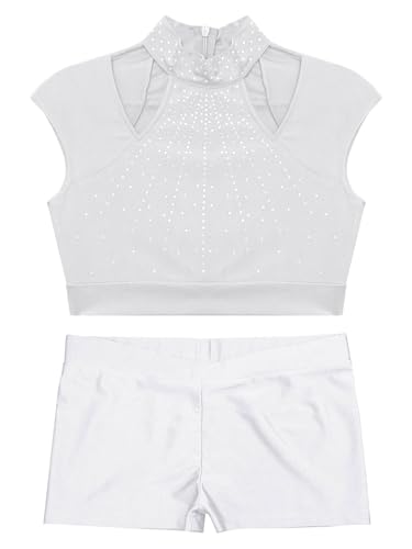 Girls Gymnastics Sport Tracksuit Set Sparkle Crop Top with Shorts for Kids Ballet Dance Outfits 2 Piece3