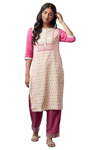 Kurta droite imprimé géométrique rose et pantalon avec finitions premium