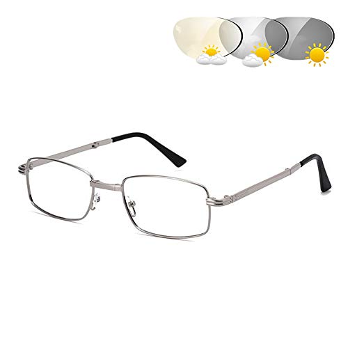 Preisvergleich Produktbild CAOXN Übergang Photochrome Lesebrille Herren Faltlegierung Metall Vollrahmen Uv400 Sonnenbrille Presbyopia Reader Mit Dioptrien,Silber,+3.00