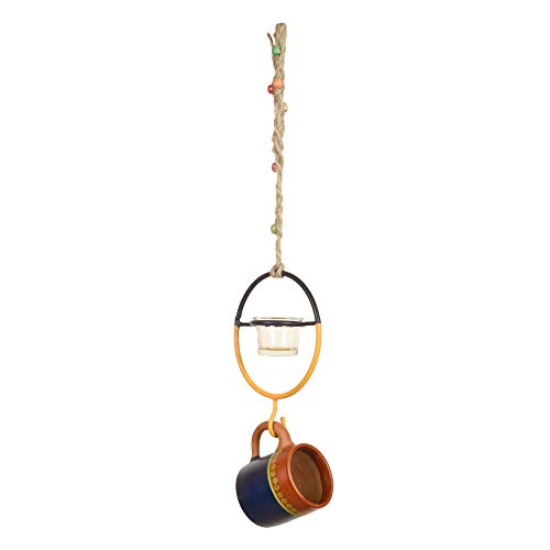 Image of Terracotta Blue Cup Hanging Bird Feeder | Hanging Outdoor Bird Feeder | Earthenware Bird Feeding