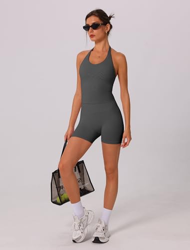 Image of ABOCIW Workout Sets for Women 2 Piece seamless Halter Sports Bra Scrunch Butt Impact Shorts Gym Yoga Outfits