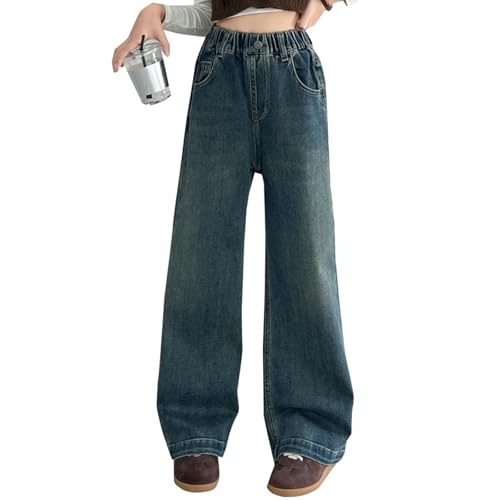 Kids Girls Jeans Washed Elastic Waist Baggy Wide Leg Jeans Size 4-14 Years