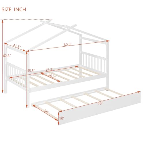 Image of Twin Size Creativity House Bed with Roof Frame and Twin Size Trundle, Montessori Wooden Platform Bed with Sturdy Slats Support for Kids Teens Girls Boys, No Box Spring Needed (White-02, Twin)