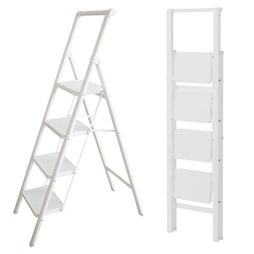 UABA Escalera Plegable 4 peldaños Blanca, Ligera y compacta 5 cm, peldaños Anchos Antideslizantes, EN 131