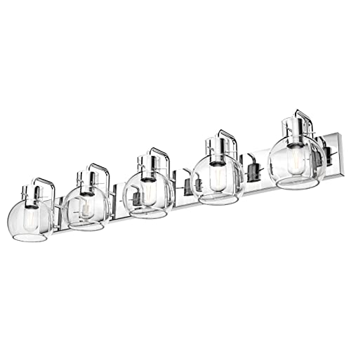 Image of Tipace 5 Lights Stainless Steel Modern Bathroom Vanity Light Fixtures Over Mirror Chrome Industrial Vanity Lights with Globe Clear Glass Farmhouse Bath Lighting(Exclude Bulb)