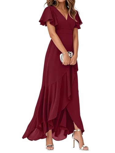 Minetom Damen Abendkleider V-Ausschnitt Kurze Ärmel Hohe Taille A-Linie Chiffon Hi-Lo Brautjungfernkleid Elegant Lang Ballkleid A Weinrot XL
