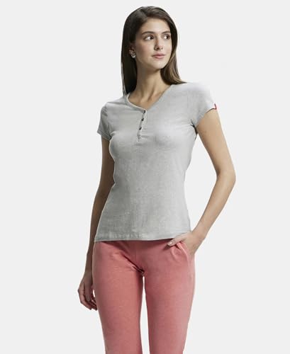 Image of Jockey UL03 Women's Super Combed Cotton Elastane Stretch Slim Fit Solid V Neck Henley Styled Half Sleeve T-Shirt