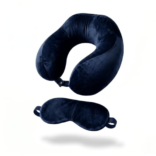 Image of Premium Fiber Filled Neck Pillow, Aeroplane Travel Pillow Neck Adjustable 360 Degree Support Headrest Neck Support Comfortable Pillow with Eye Mask (Blue)