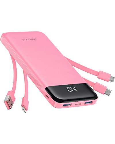 Charmast Power Bank 10000mAh con Cavi Integrati,Caricatore Portatile USB C 5V/3A Powerbank LED Display con 6 Uscite e 3 ingressi per iPhone Samsung Huawei Xiaomi (rosa)