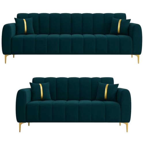 Image of FURNY Harmony 5 Seater Fabric 3+2 Sofa Set (Greenish Teal) with Golden Finish Legs | Premium Velvet Finish | Durable & Comfortable | Ideal for Living Room