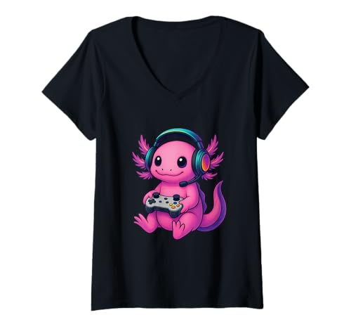 Mujer Axolotl Gamer Kawaii con Auriculares – Regalo Divertido Camiseta Cuello V