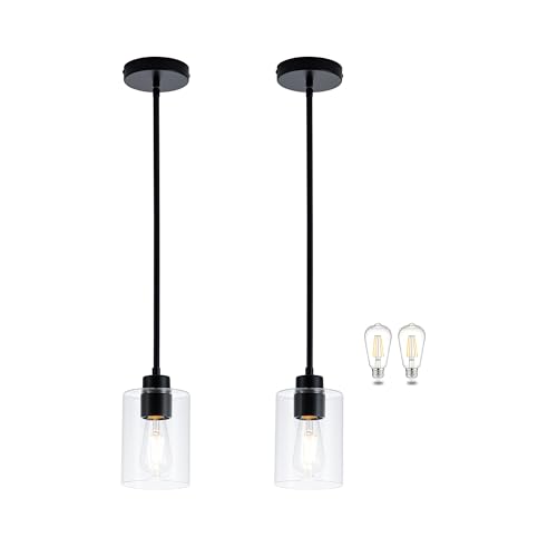 Image of MAYNA 2-Pack Black Farmhouse Pendant Lighting, Rustic Glass Kitchen Island Lights with Bulbs, Adjustable Rods Vintage Hanging Fixtures for Dining Room, Bar