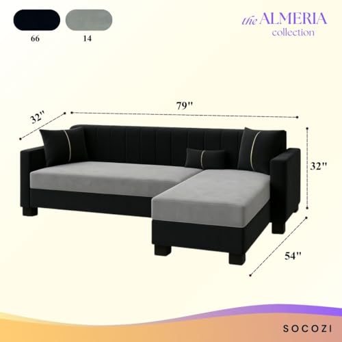 Image of SOCOZI Alveria 4 Seater RHS L Shape Sofa Set | Soft Velvet Suede Fabric | Modern Design | Plush Comfort Cushions for Living Room (Light Grey-Black)