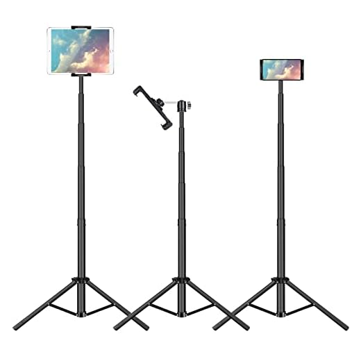 IPad Tripod Stand, Raking Foldable Floor Height Adjustable Tablet Tripod Stand for iPad Mini 1,2,3, iPad Air, iPad 2,3,4,5,6 and Most 7 -10 Inch Tablets, Carrying Bag and Flashlight as Gift