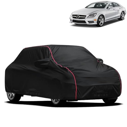 Image of Waterproof Car Cover for Mercedes Benz CLS | All-Weather Protection, Dustproof & UV Resistant | Triple Stitched Mirror Pockets, Windproof Buckle Strap with Elastic Hem, Black-Red Piping