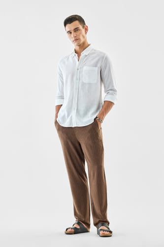 Image of SNITCH Men Casual Trousers | Relaxed Fit Pinstripe Design | Breathable Viscose Blend & Lightweight Fabric for Summer & Everyday Wear