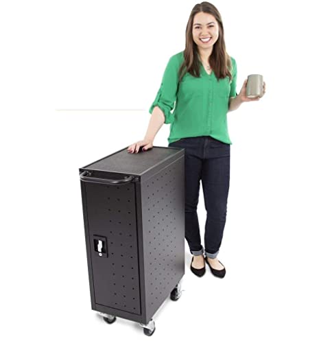Line Leader Compact 16 Device Rolling Mobile Charging Cart for Chromebooks, Laptops, Tablets, Charging Station For Classrooms and Offices, Includes Power Strip and Locking Cabinet (Black, 34in x 23in)