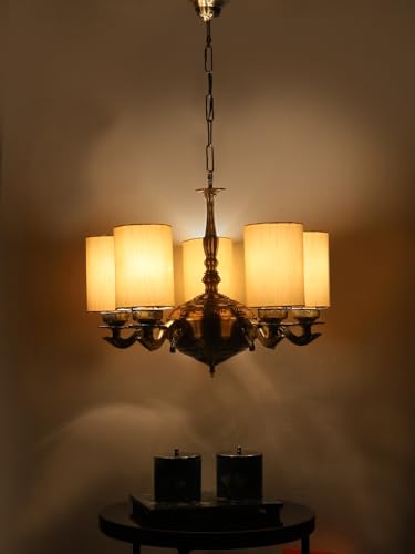 Image of Devansh 05 Lights Round Off-White Cotton Shade with Antique Golden Chandelier