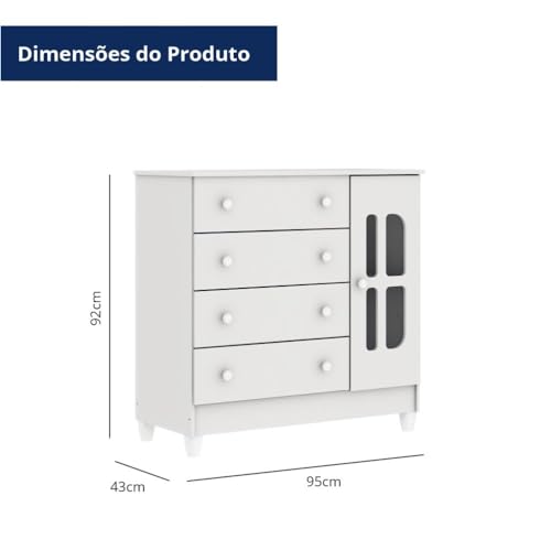 Cômoda Infantil 4 Gavetas com Fraldário Gabrielle Branco Brilho Carolina Baby