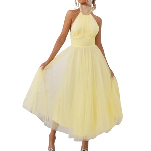 Felcia Damen Bodycon Maxikleid Neckholder Rückenfrei Hohe Taille A Linie Kleid Elegant Abend Cocktail Party Hochzeit Tüllkleid, A-gelb, X-Large