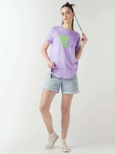 Image of Bewakoof Women's Cotton Slub Relaxed Fit Air 1.0 Official Rick and Morty Merchandise Graphic Printed Boyfriend Fit Half Sleeve Round Neck T-Shirt